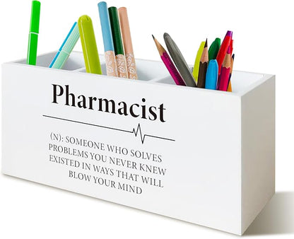 Pharmacist Gifts Pen Pencil Holder Organizer for Desk, Pharmacy School Students Graduation Gifts Wooden Box Block Sign for Office Home Tabletop Decor, Medical Gifts