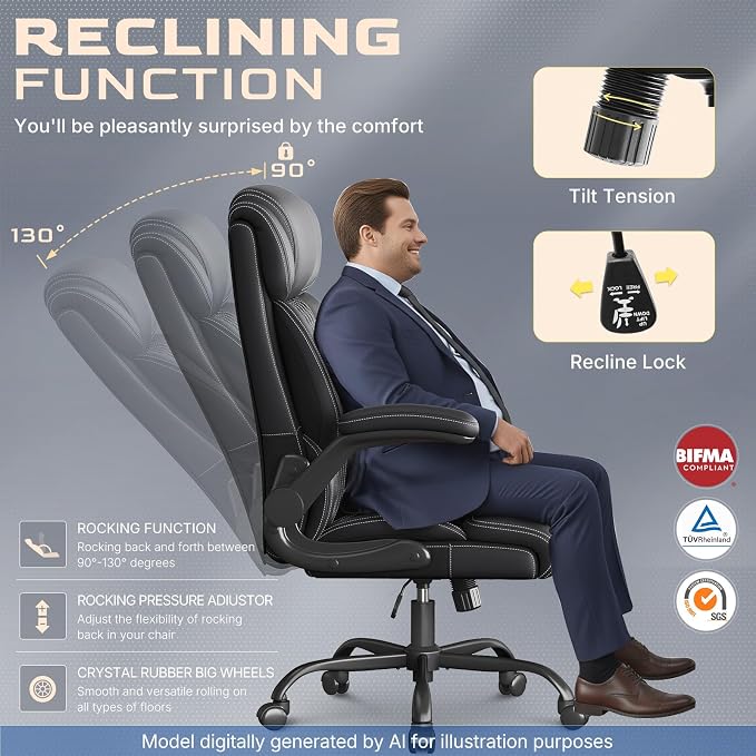Office Chair-Executive High Back Breathable Big and Tall Office Chair Flip-up Armrests Lumbar Support-Ergonomic Leather Rolling Swivel Chair with Rock Function for Working Studying Gaming,4 Pack