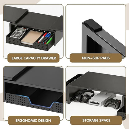 LEKETREE Dual Monitor Stand Riser with Drawer, Desk Organizer and Accessories, Monitor Stand for Desk, Desktop Stand for Computer, Laptop, TV and More (Black)