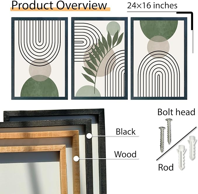 SRSZHIYUE Sage Green Boho Wall Art 24"×16" Set of 3 Geometric Line Leaf Sun Moon Sign for Master Bedroom Office Wall Hanging Decor (Black)
