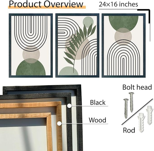 SRSZHIYUE Sage Green Boho Wall Art 24"×16" Set of 3 Geometric Line Leaf Sun Moon Sign for Master Bedroom Office Wall Hanging Decor (Black)