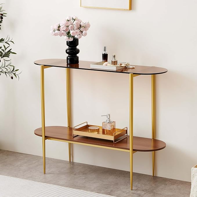 LumFurn Oval Glass Console Table for Living Room, Foyer & Entrance, 2-Tiers Mid-Century Modern Sofa Table with Amber Glass Top, Walnut Finish Wood Top and Gold Finish Metal Frame