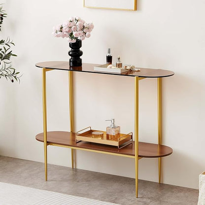 LumFurn Oval Glass Console Table for Living Room, Foyer & Entrance, 2-Tiers Mid-Century Modern Sofa Table with Amber Glass Top, Walnut Finish Wood Top and Gold Finish Metal Frame