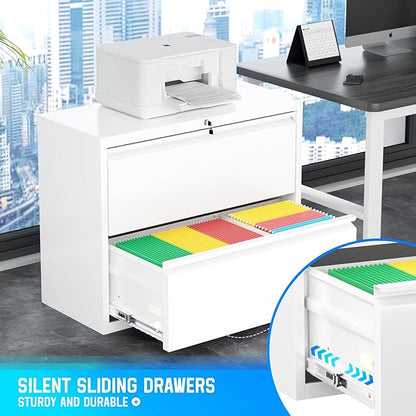Greenvelly 2 Drawer File Cabinet, White Lateral File Cabinet with Lock, Filing Cabinet for Home Office, Lockable File Cabinets for Legal/Letter/A4/F4 Size with Hanging Files&Key