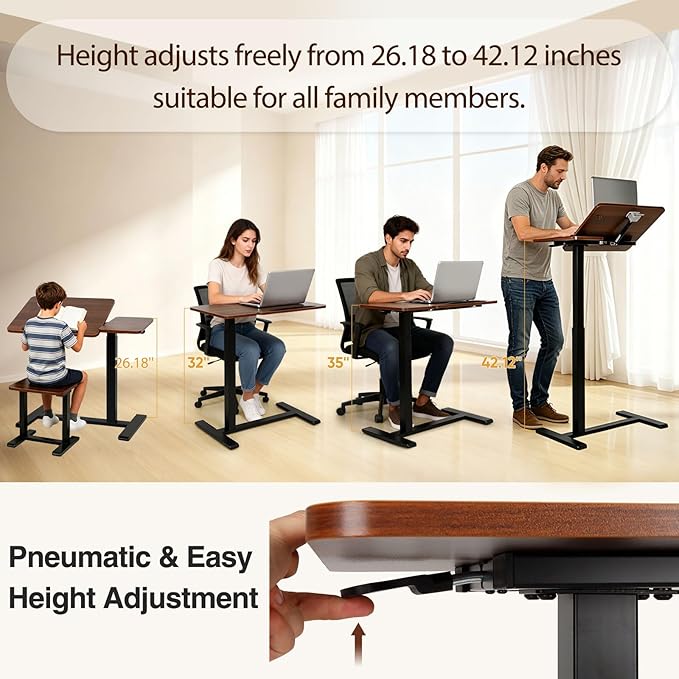 Adjustable Overbed Table with Tilt Board & Wheels, Rolling Bedside Laptop Desk for Hospital Bed Home Office, Height Adjustable Bed Table Tray for Eating Working Reading, 26.18”-42.12”（Brown）