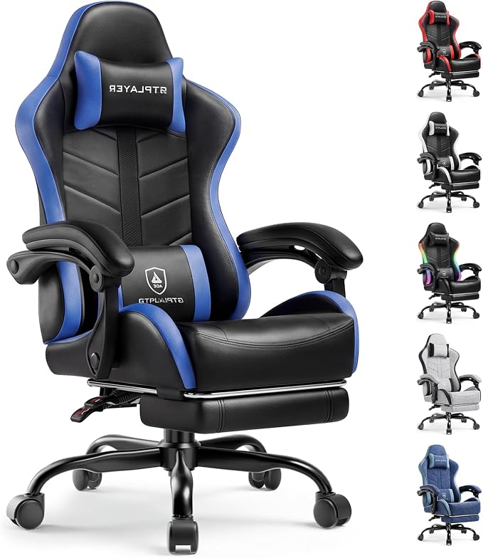 GTPLAYER Gaming Chair with Footrest, Computer Gaming Chair for Adults, Height Adjustable Gamer Chair with 90-155° Recline & Removable Headrest Lumbar Support, Dark Black-Blue