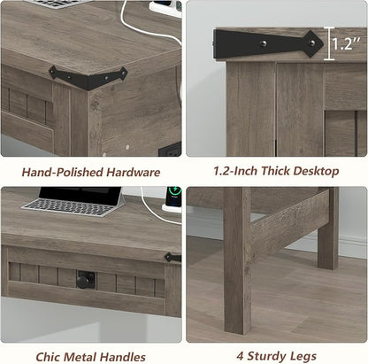 YOMILUVE Farmhouse Computer Desk with 2 Drawers, 39 Inch Small Computer Desk with Power Outlets, Home Office Desk Compact Writing Study Table for Small Spaces, Grey