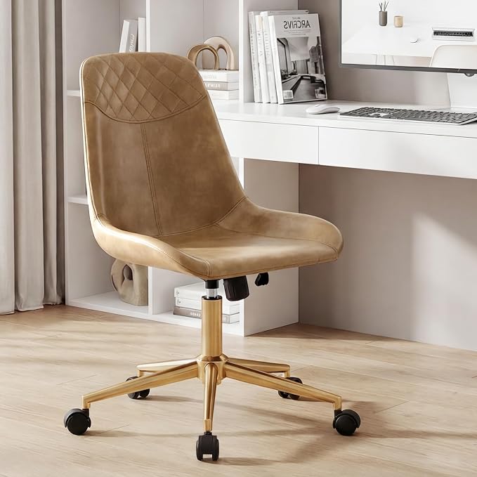DUHOME Modern PU Leather Office Chair Desk Chair Swivel Computer Chair with Gold Base Camel