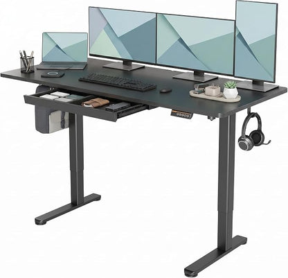 Claiks Electric Height Adjustable Standing Desk with Drawers, 63 x 24 Inch Sit Stand Desk for Home Office, Computer Desk Workstation,Black