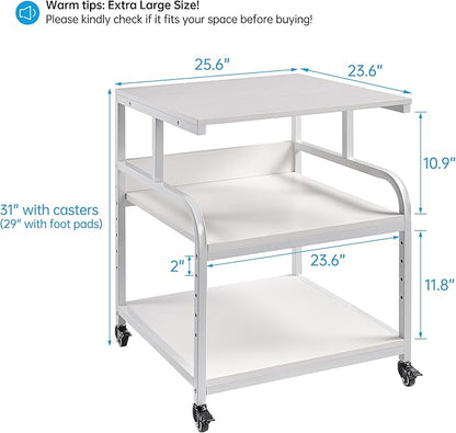 Fannova Printer Stand, 25.6" x 23.6" x 30.9" Extra Large Printer Table with Adjustable Storage Shelf, 3 Tier Rolling Printer Cart with Industrial Wheels for Home Office, White