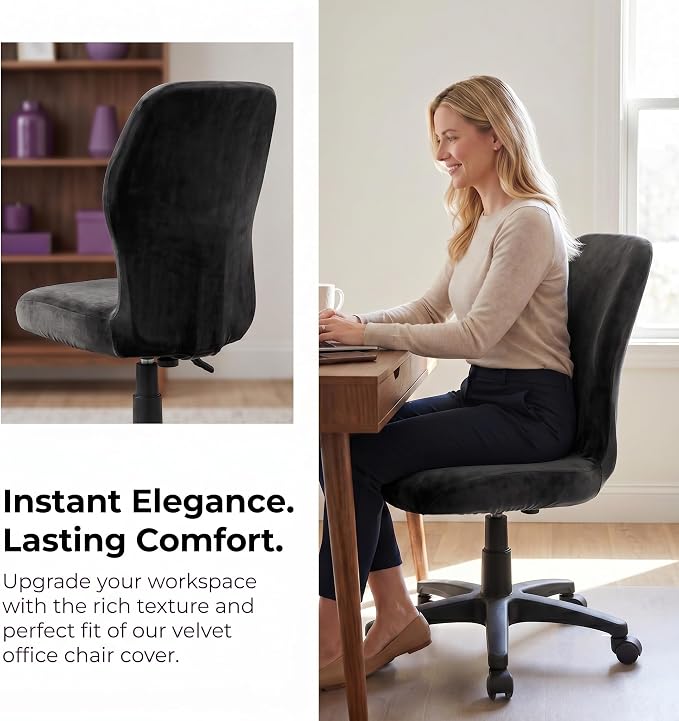 Deisy Dee Velvet Stretch Armless Office Chair Covers - Colorful Stretch Slipcover for Desk Chairs (Black)