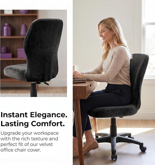 Deisy Dee Velvet Stretch Armless Office Chair Covers - Colorful Stretch Slipcover for Desk Chairs (Black)