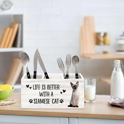 Siamese Cat Gifts Pen Holder for Desk, Gifts for SiameseCat Lovers Owners Pencil Organizer, Life is Better with A Siamese Cat Wood Pen Holder Desk Accessories Decor for Home Office