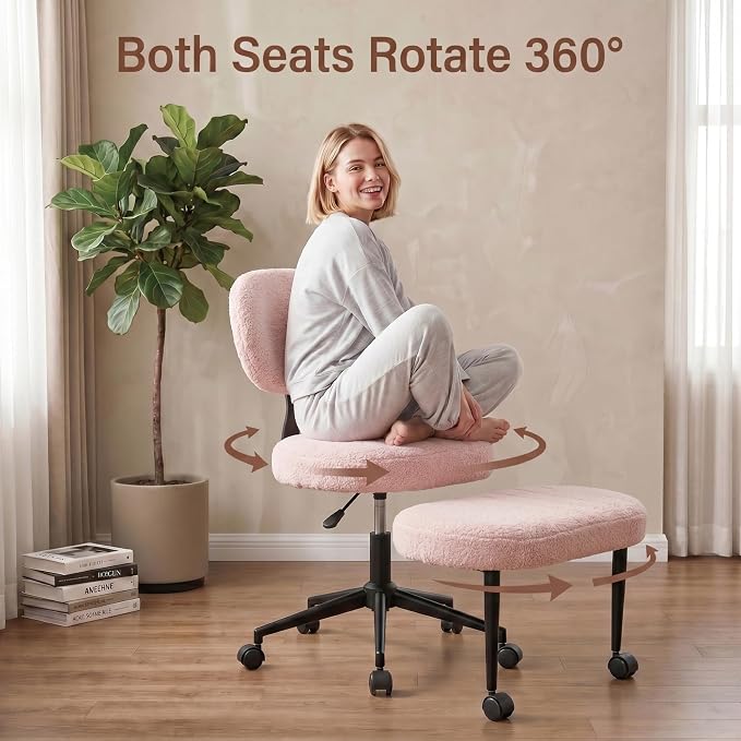 Cross Legged Office Chair with Wheels, 360 Swivel Height-Adjustable Meditation Chair with Lumbar Support, Pink