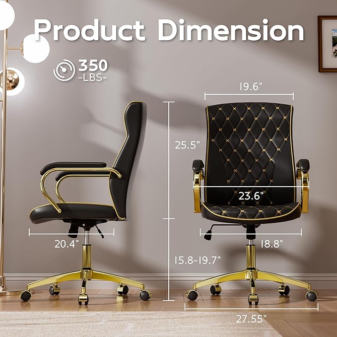 HomeZeer Black and Gold Office Chair, Luxury Leather Executive Desk Chair | Elegant Timeless Appeal, Vintage Mid Back Styling with Wheels and Padded Arms, Thick High Density Foam Comfort