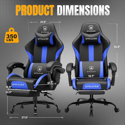GTPLAYER Gaming Chair with Pocket Spring Cushion, Leather Office Chair with Ergonomic High Back & Lumbar Support for Back Pain Relief, Computer Game Chair for Adults, Cobalt Blue