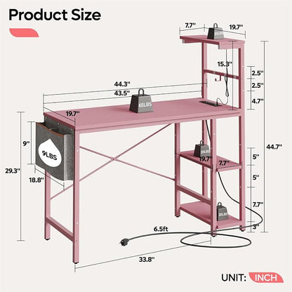 Bestier Pink Gaming Desk with Power Outlets, 44 Inch Led Gamer Desk with 4 Tiers Reversible Shelves, Computer Desk with Headset Hook & Side Storage Bag for Bedroom (Pink 3D Carbon Fiber)