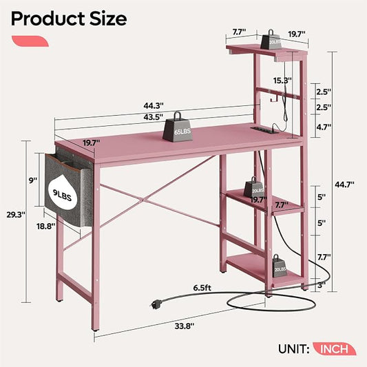 Bestier Pink Gaming Desk with Power Outlets, 44 Inch Led Gamer Desk with 4 Tiers Reversible Shelves, Computer Desk with Headset Hook & Side Storage Bag for Bedroom (Pink 3D Carbon Fiber)
