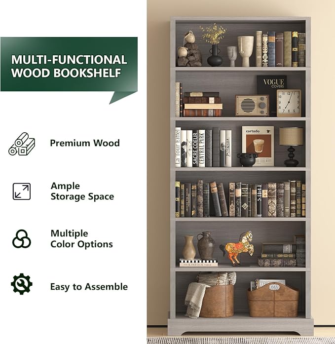 TVU 6-Tier Wooden Bookshelf, 77.2" Tall Farmhouse Style Open Bookcase, 31.5" W Standing Book Shelf with Storage, Suitable for Study, Living Room, Office, Grey