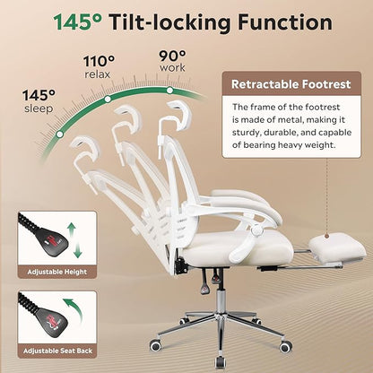 DEVAISE Ergonomic Mesh Office Desk Chair with Footrest, Comfrotable Big and Tall Reclining Computer Chair with Adjustable Lumbar Support, Backrest Adjustable, High Back SGS Class 4 Gas Lift, White