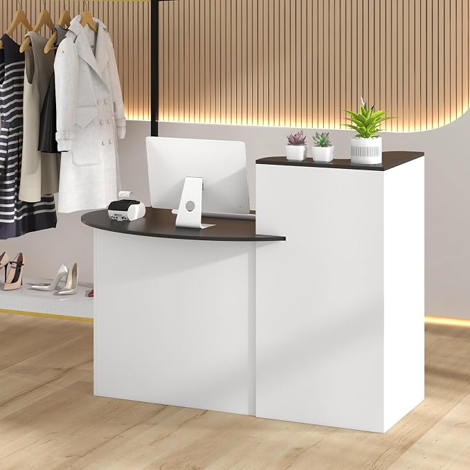 Tangkula Reception Desk, Front Counter Desk with Lockable Drawers, L Shaped Retail Counter with Oval Desktop, Checkout Computer Workstation for Salon Lobby Home Office