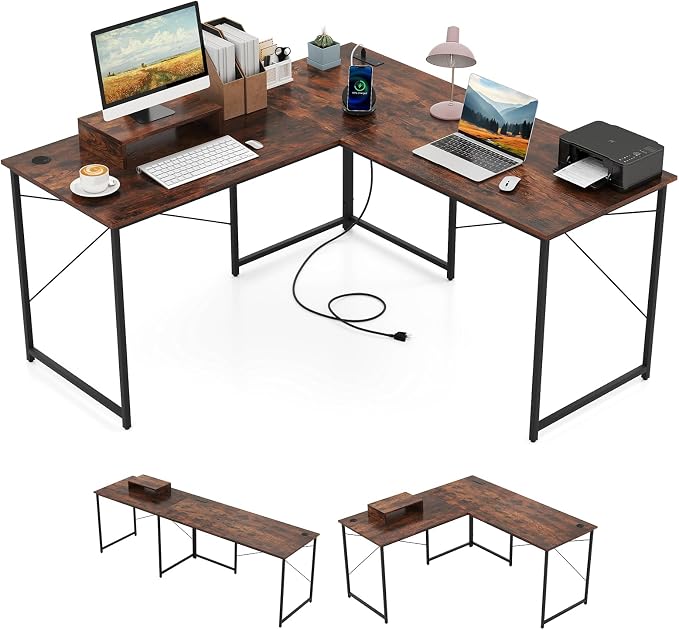 Tangkula L-Shaped Computer Desk with Power Outlets, 95” Long 2-Person Desk with Monitor Shelf, Modern Corner Desk Gaming Table with USB Ports for Home Office