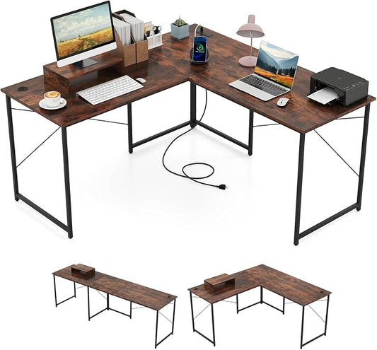 Tangkula L-Shaped Computer Desk with Power Outlets, 95” Long 2-Person Desk with Monitor Shelf, Modern Corner Desk Gaming Table with USB Ports for Home Office