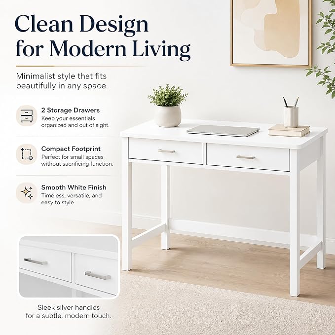 4NM 39.4" Small Desk with Wood Drawers, Home Office Computer Desk with Wooden Legs, Study Writing Table Vanity Desk for Small Spaces - White