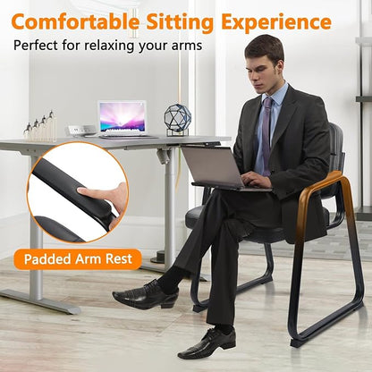 CLATINA Waiting Room Chairs no Wheels with Padded Arms Leather Guest Chair for Office Reception and Conference Desk with Sled Base Black, 8PK