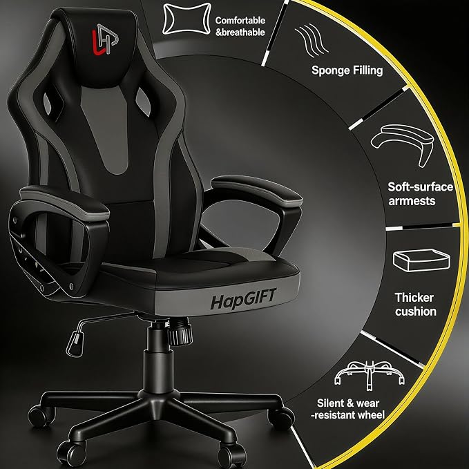 HapGIFT Office Chair, Home Office Chair with Link Armrest, Height Adjustable Computer Chair, Ergonomic PC Work Chair for Adults Teens, PU Leather Gaming Chairs, Gift, 300LBS (BLACK GREY)