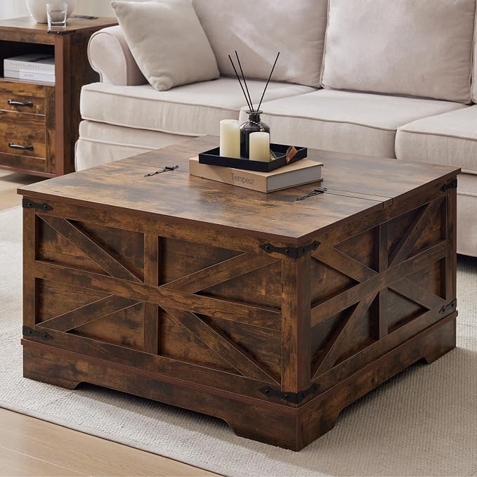 Farmhouse Coffee Table and End Table Sets of 2, 2 Piece Living Room Tables Set with Charging Station, Lift Top Coffees and Large Side, Wood Furniture Sets with Storage, Brown