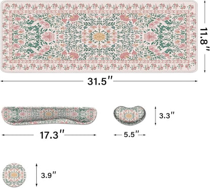 Desk Pad and Keyboard Wrist Rest, Large Mouse Pad + Keyboard Pad+Mouse Wrist Support, Non-Slip Desk Mat Protector for Office, Home 31.5×11.8 Inches Pink Floral