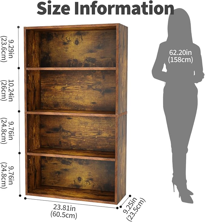 Sweetcrispy Industrial 4 Shelf Bookcase - Large 42.1 Inch Tall Floor Standing Open Bookshelf for Home Office, Living Room, and Bedroom Storage, Classic Brown