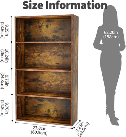 Sweetcrispy Industrial 4 Shelf Bookcase - Large 42.1 Inch Tall Floor Standing Open Bookshelf for Home Office, Living Room, and Bedroom Storage, Classic Brown