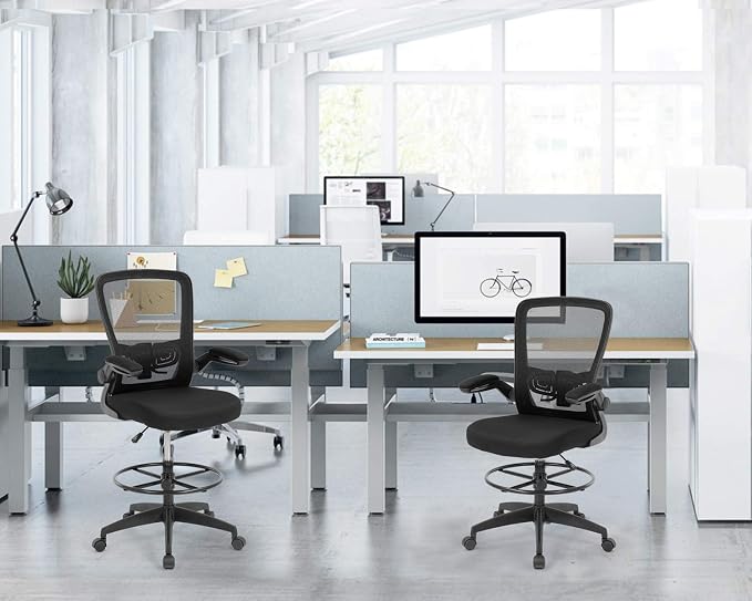 BestOffice Drafting Chair Tall Office Chair Adjustable Height with Lumbar Support Flip Up Arms Footrest Mid Back Task Mesh Desk Chair Computer Chair Drafting Stool for Standing Desk, Black