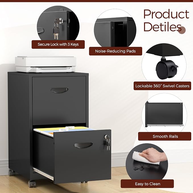 2 Drawer Mobile File Cabinet with Lock, Black Metal Filing Cabinets with Wheels, Vertical Rolling File Cabinet Fit Hanging Files, Letter and A4 Documents