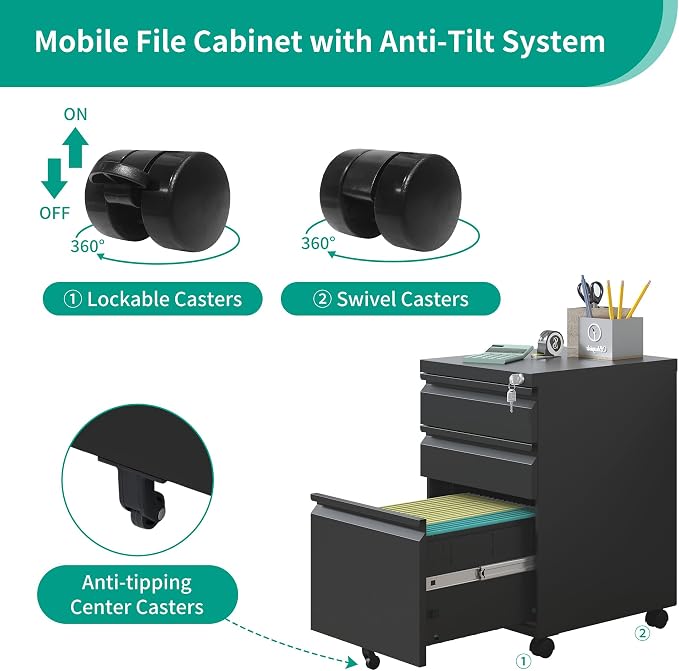 3 Drawer File Cabinet, Vertical File Cabinets with Lock for Home Office,Heavy Duty Office Steel Filing Cabinet for Hanging Letters/Legal/A4, Assembly Required (Black)