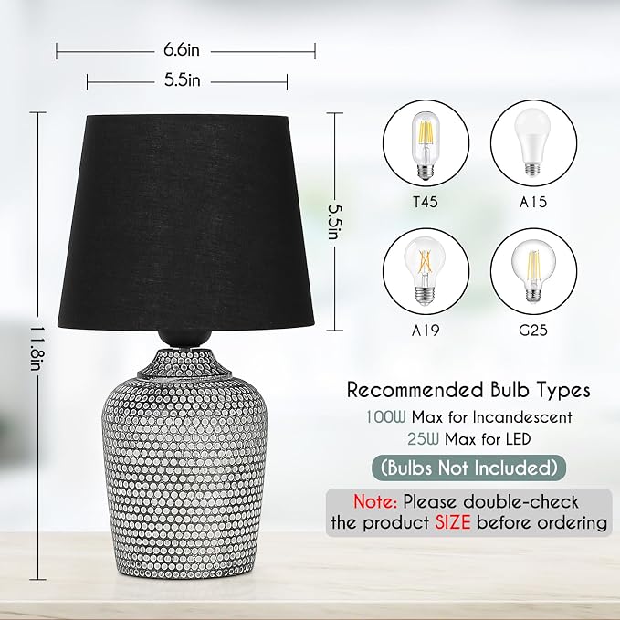 Sucolite 11.8'' Small Table Lamps Set of 2, Bedside Nightstand Lamps for Bedroom Kid’s Room, Cute Desk Lamps with Studded Texture Base for Reading Nursery Living Room Office, Black