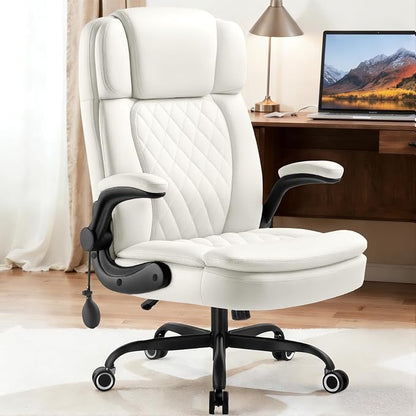 450 LBS Big and Tall Executive Office Chair with Flip up Arm, Heavy Duty Leather Computer Desk Chair,Comfortable High Back Swivel Home Office Chair with Rolling for Adults (White)