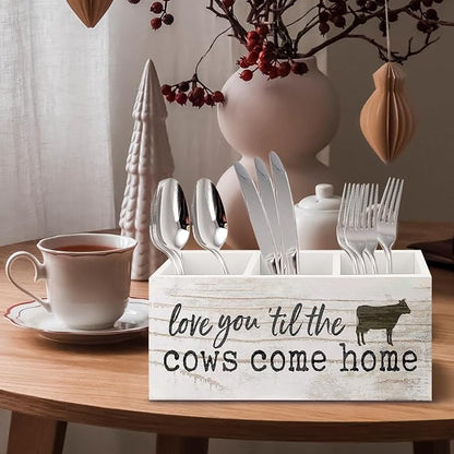 Funny Cow Wooden Pen Pencil Holder for Office Desk Accessories, Cow Lover Gifts, Love You 'Til the Cows Come Home Makeup Brush Toothbrush Holder Organizer for Bathroom
