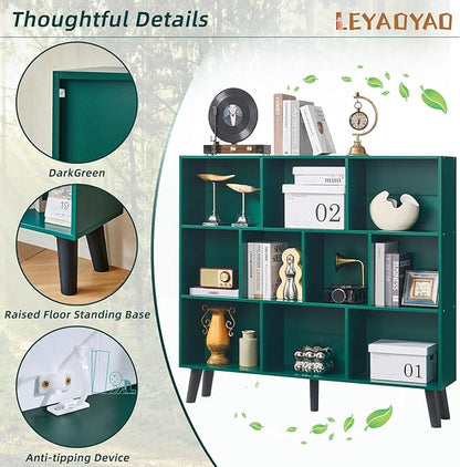 LEYAOYAO 10 Cube Bookshelf,3 Tier Modern Wide Bookcase with Legs,Mid-Century Wood Bookshelves Storage,Dark Green Large Book Case,Freestanding Organizer Display Shelf for Bedroom,Living Room,Office