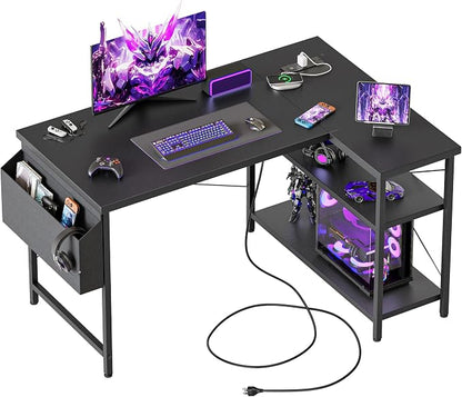 Mericonia Small L Shaped Computer Desk with Power Outlets, Reversible Gaming Desk with Storage Shelves, Corner Gamer Desk Table, Study Writing Table