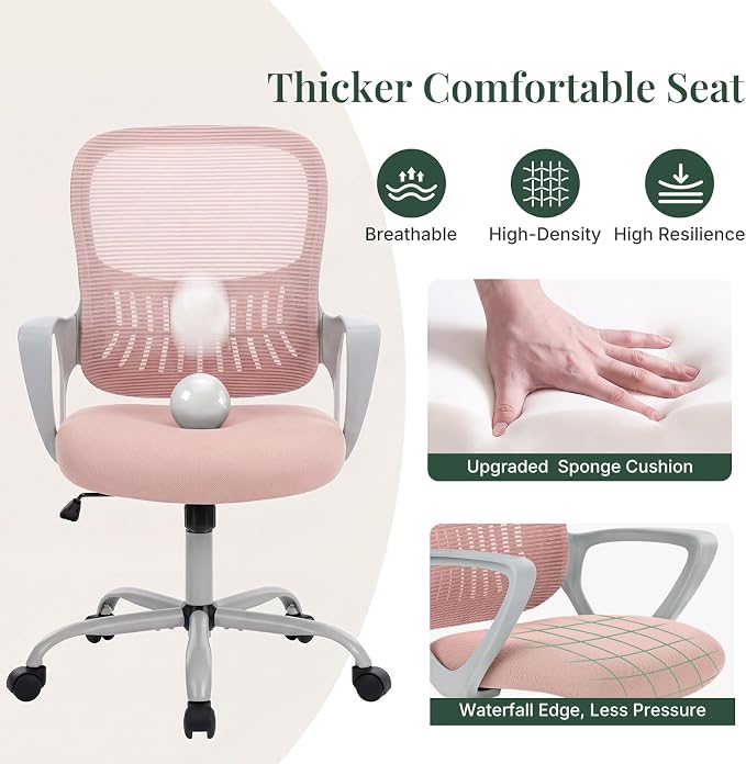Home Office Desk Chair, Ergonomic Mid-Back Mesh Computer Task Chair with Comfortable Lumbar Support, Height Adjustable Swivel with Fixed Armrest for Adults, Student, Pink