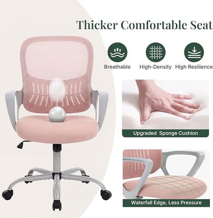 Home Office Desk Chair, Ergonomic Mid-Back Mesh Computer Task Chair with Comfortable Lumbar Support, Height Adjustable Swivel with Fixed Armrest for Adults, Student, Pink