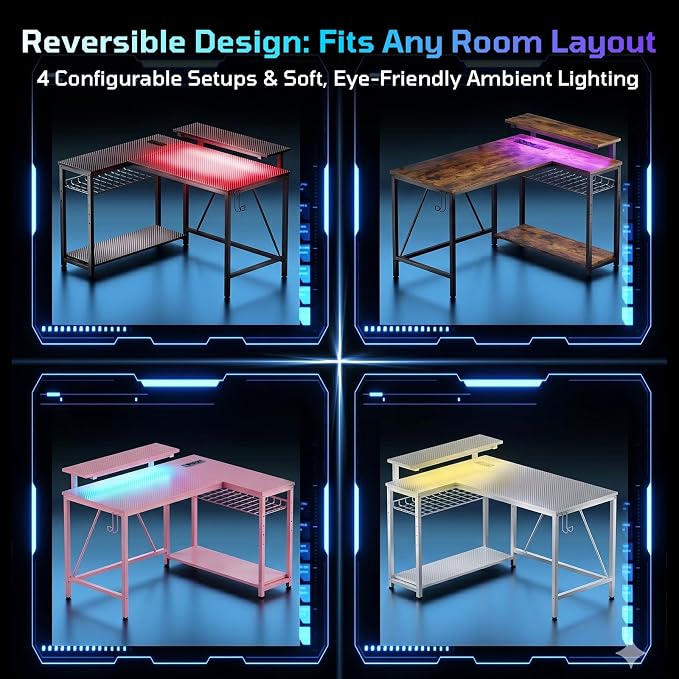Bestier Gaming Desk with Power Outlets, 42" L-Shaped Computer Desk with LED Lights, Desk with Reversible Storage Shelves & Hooks for Small Spaces, Bedrooms & Offices, Black Carbon Fiber