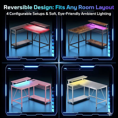 Bestier Gaming Desk with Power Outlets, 42" L-Shaped Computer Desk with LED Lights, Desk with Reversible Storage Shelves & Hooks for Small Spaces, Bedrooms & Offices, Black Carbon Fiber