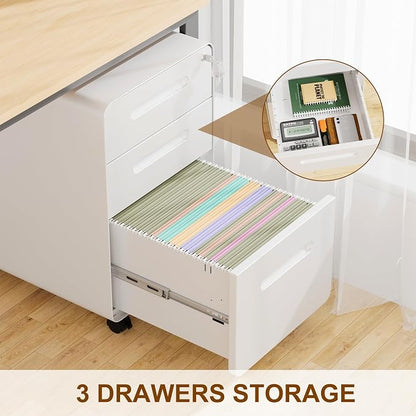 3 Drawer Mobile File Cabinet with Lock and 4 Keys, Small Vertical Metal Rolling Filing Cabinet Under Desk for Home Office Organizer Letters/Legal/A4 Hanging File Folders
