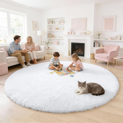 OLANLY White Round Rugs for Bedroom - Machine Washable, 6 ft Circle Area Rugs for Living Room, Soft and Fluffy Shaggy Carpet for Teen Girls and Boys, Nursery Rooms, Dorms, Home Decor Aesthetic