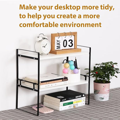 Desk Shelf Organizer for Top of Desk, Detachable 2 Tier Desktop Bookshelf, Wooden Desk Shelves Storage Rack, Small Desktop Shelf for Office Home Dorm, Tabletop Desk Organizer Stand (White+Black)