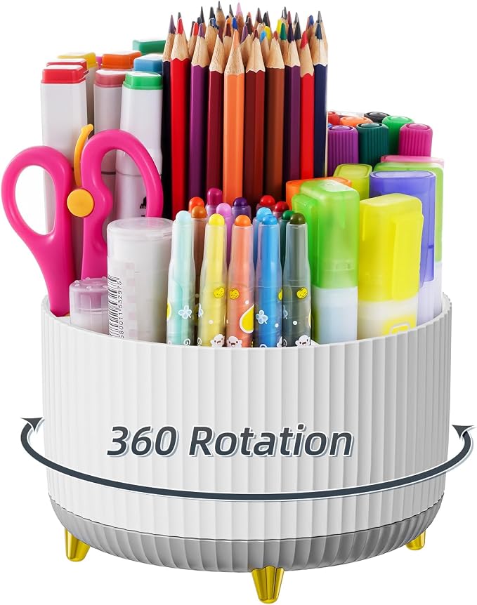 Marbrasse Desk Organizer, 360-Degree Rotating Pen Holder, Desk Organizers and Accessories with 5 Compartments Pencil Holder, Art Supply Storage Box Caddy for Office, Home (White+Grey)